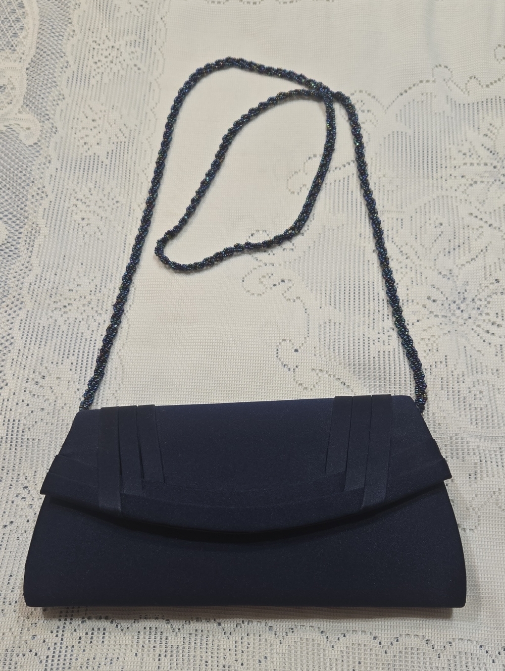 Nina Navy Satin Evening Clutch with Chain Strap Blue